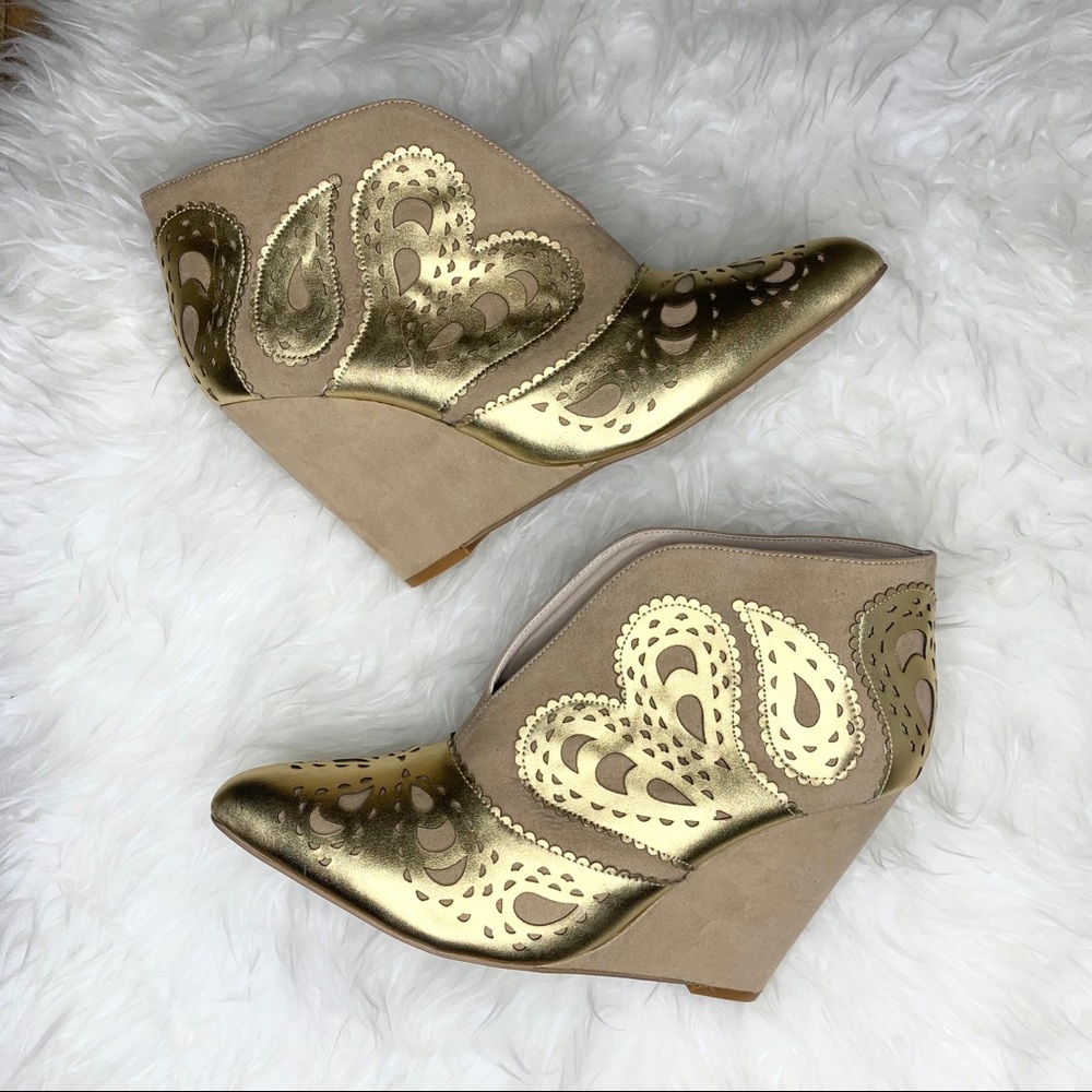 June Ambrose Ankle Boots Suede High Wedge Heel Laser Cut Paisley Boho Designer